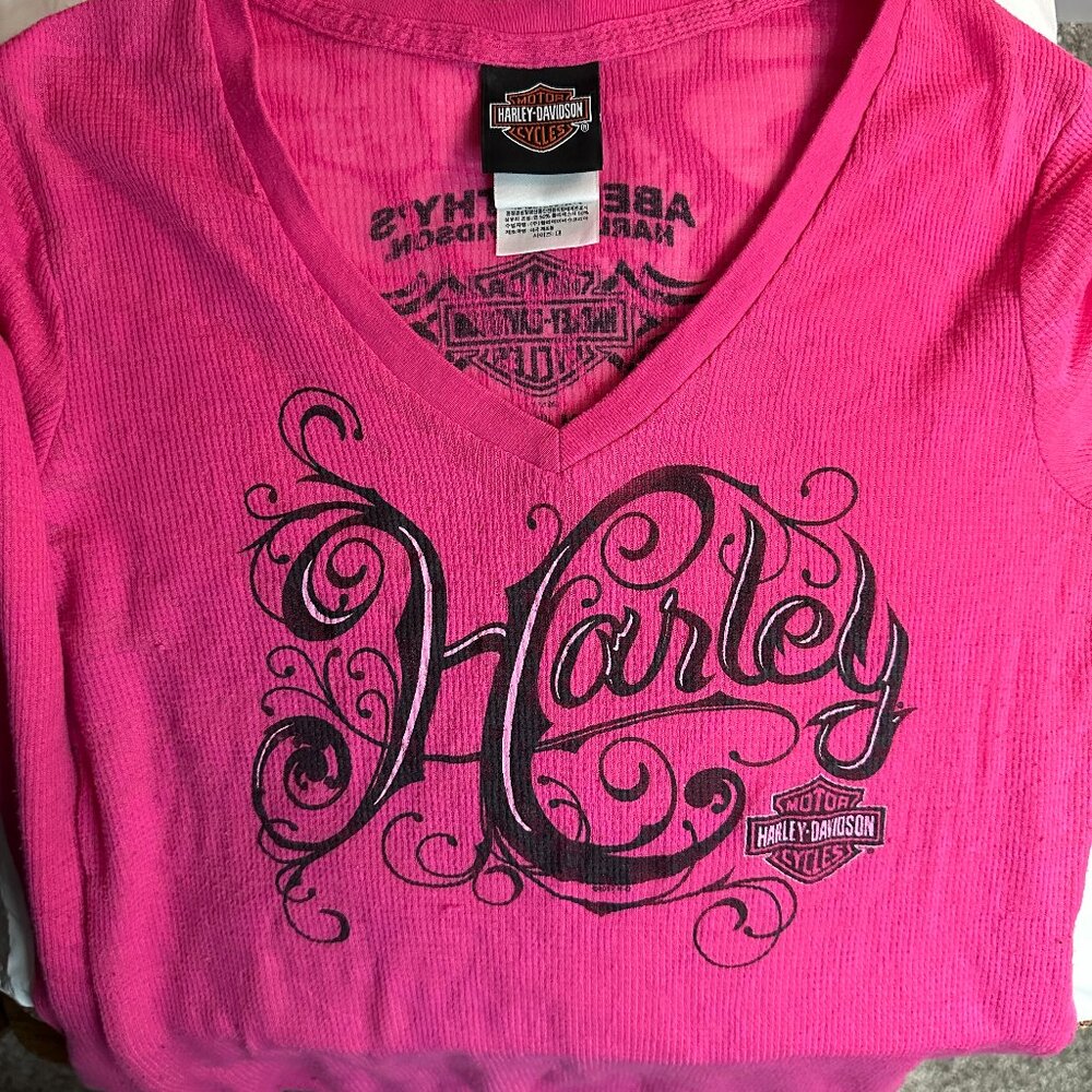 Ladies Harley Davidson Motorcycles Hot Pink Long sleeve V Neck Shirt-Large